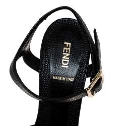 Fendi Blue Denim and Black Lizard Embossed Leather Cork Wedge Platform Ankle Strap Sandals Size 39.5