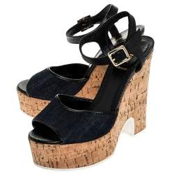 Fendi Blue Denim and Black Lizard Embossed Leather Cork Wedge Platform Ankle Strap Sandals Size 39.5