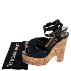 Pre Owned Fendi Blue Denim and Black Lizard Embossed Leather Cork Wedge Platform Ankle Strap Sandals Size 39.5