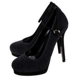 Pre Owned Fendi Black Glitter Suede Platform Ankle Strap Pumps Size 38