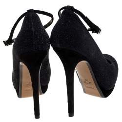 Pre Owned Fendi Black Glitter Suede Platform Ankle Strap Pumps Size 38