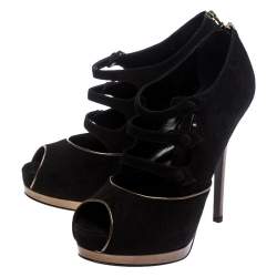 Pre Owned Fendi Black Suede Leather Victorian Peep Toe Platform Pumps Size 38