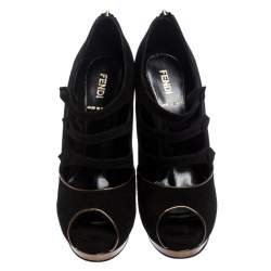 Pre Owned Fendi Black Suede Leather Victorian Peep Toe Platform Pumps Size 38