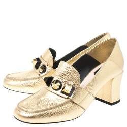 Pre Owned Fendi Gold textured Leather Geometric Stud Loafer Pumps Size 39