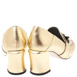 Pre Owned Fendi Gold textured Leather Geometric Stud Loafer Pumps Size 39