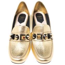 Pre Owned Fendi Gold textured Leather Geometric Stud Loafer Pumps Size 39