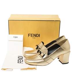 Pre Owned Fendi Gold textured Leather Geometric Stud Loafer Pumps Size 39