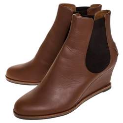 Pre Owned Fendi Brown Leather Wedge Heel Ankle Boots Size 41