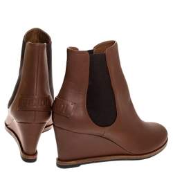 Pre Owned Fendi Brown Leather Wedge Heel Ankle Boots Size 41