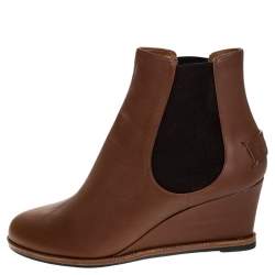 Pre Owned Fendi Brown Leather Wedge Heel Ankle Boots Size 41