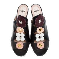 Fendi Black Leather Floral Appliqué Mule Sandals Size 39.5