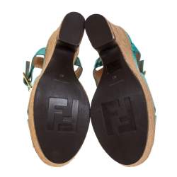 Pre Owned Fendi Green Patent And Lizard Leather Wedge Espadrille Platform Ankle Strap Sandals Size 40