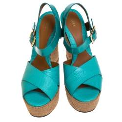 Pre Owned Fendi Green Patent And Lizard Leather Wedge Espadrille Platform Ankle Strap Sandals Size 40