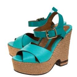 Pre Owned Fendi Green Patent And Lizard Leather Wedge Espadrille Platform Ankle Strap Sandals Size 40