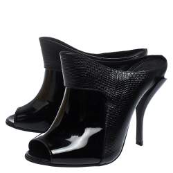 Pre Owned Fendi Black Lizard Embossed And Patent Leather Peep Toe Sandals Size 40