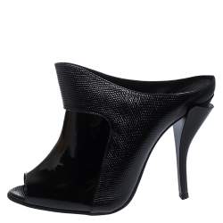 Pre Owned Fendi Black Lizard Embossed And Patent Leather Peep Toe Sandals Size 40