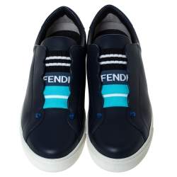 Pre Owned Fendi Blue Leather And Logo Knit Rockoclick Slip On Sneakers Size 39