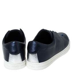Pre Owned Fendi Blue Leather And Logo Knit Rockoclick Slip On Sneakers Size 39