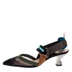 Pre Owned Fendi Multicolor Mesh And Fabric Colibri Slingback Pointed Toe Sandals Size 37