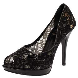 Pre Owned Fendi Black Lace And Leather Button Detail Peep Toe Platform Pumps Size 38.5