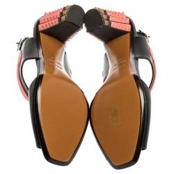 Pre Owned Fendi Black/Pink Leather Polifonia Studded Ankle Strap Sandals Size 40.5