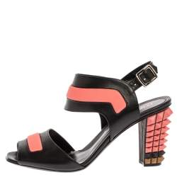 Pre Owned Fendi Black/Pink Leather Polifonia Studded Ankle Strap Sandals Size 40.5