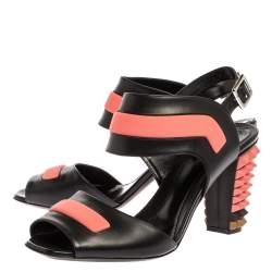 Pre Owned Fendi Black/Pink Leather Polifonia Studded Ankle Strap Sandals Size 40.5