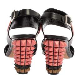 Pre Owned Fendi Black/Pink Leather Polifonia Studded Ankle Strap Sandals Size 40.5