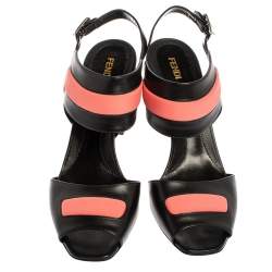 Pre Owned Fendi Black/Pink Leather Polifonia Studded Ankle Strap Sandals Size 40.5