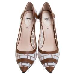 Pre Owned Fendi White/Brown Zucca PVC and Leather Trim Colibri Pointed Toe Pumps Size 37.5