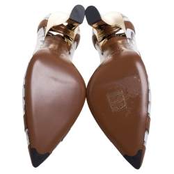 Pre Owned Fendi White/Brown Zucca PVC and Leather Trim Colibri Pointed Toe Pumps Size 37.5