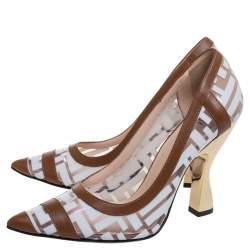 Pre Owned Fendi White/Brown Zucca PVC and Leather Trim Colibri Pointed Toe Pumps Size 37.5