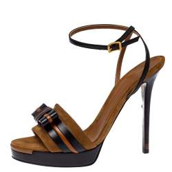 Pre Owned Fendi Brown/Black Suede and Leather Bow Ankle Strap Platform Sandals Size 41