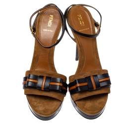 Pre Owned Fendi Brown/Black Suede and Leather Bow Ankle Strap Platform Sandals Size 41
