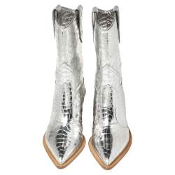 Pre Owned Fendi Silver Croc Embossed Leather Cutwalk Cowboy Boots Size 38