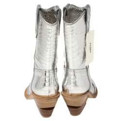 Pre Owned Fendi Silver Croc Embossed Leather Cutwalk Cowboy Boots Size 38