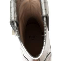 Pre Owned Fendi Silver Croc Embossed Leather Cutwalk Cowboy Boots Size 38