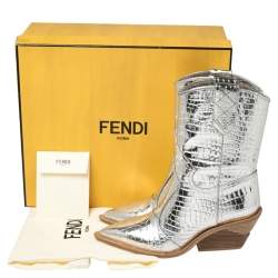 Pre Owned Fendi Silver Croc Embossed Leather Cutwalk Cowboy Boots Size 38