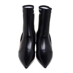 Pre Owned Fendi Black Leather And Knit Fabric Rockoko Pointed Toe Ankle Booties Size 37