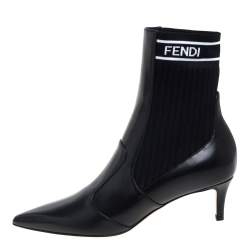 Pre Owned Fendi Black Leather And Knit Fabric Rockoko Pointed Toe Ankle Booties Size 37