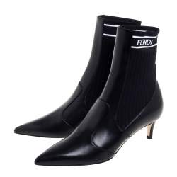 Pre Owned Fendi Black Leather And Knit Fabric Rockoko Pointed Toe Ankle Booties Size 37