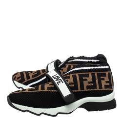 Pre Owned Fendi Brown/Black Knit Fabric And Rubber Strap Rockoko Sneakers Size 35