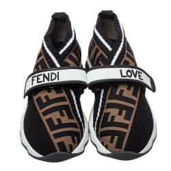 Pre Owned Fendi Brown/Black Knit Fabric And Rubber Strap Rockoko Sneakers Size 35