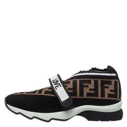 Pre Owned Fendi Brown/Black Knit Fabric And Rubber Strap Rockoko Sneakers Size 35