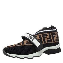 Pre Owned Fendi Brown/Black Knit Fabric And Rubber Strap Rockoko Sneakers Size 35