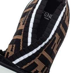 Pre Owned Fendi Brown/Black Knit Fabric And Rubber Strap Rockoko Sneakers Size 35