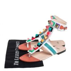 Fendi Multicolor Leather Studded Ankle Cuff Flat Sandals Size 37
