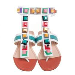 Fendi Multicolor Leather Studded Ankle Cuff Flat Sandals Size 37