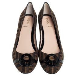 Pre Owned Fendi Brown Zucca Canvas Patent Leather  Wedge Pumps Size 37.5