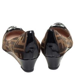 Pre Owned Fendi Brown Zucca Canvas Patent Leather  Wedge Pumps Size 37.5